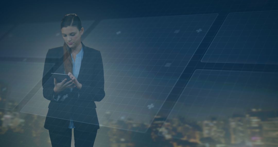 Businesswoman Using Digital Tablet with Data Interface Overlay
