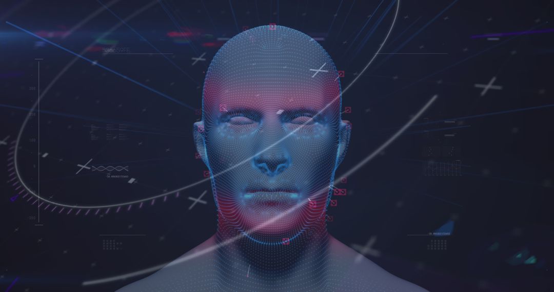 Futuristic Human Head with Digital Interface Elements