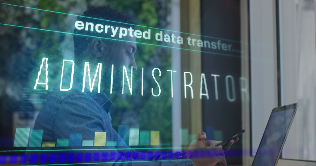 Businessman Overseeing Data Transfer and Security