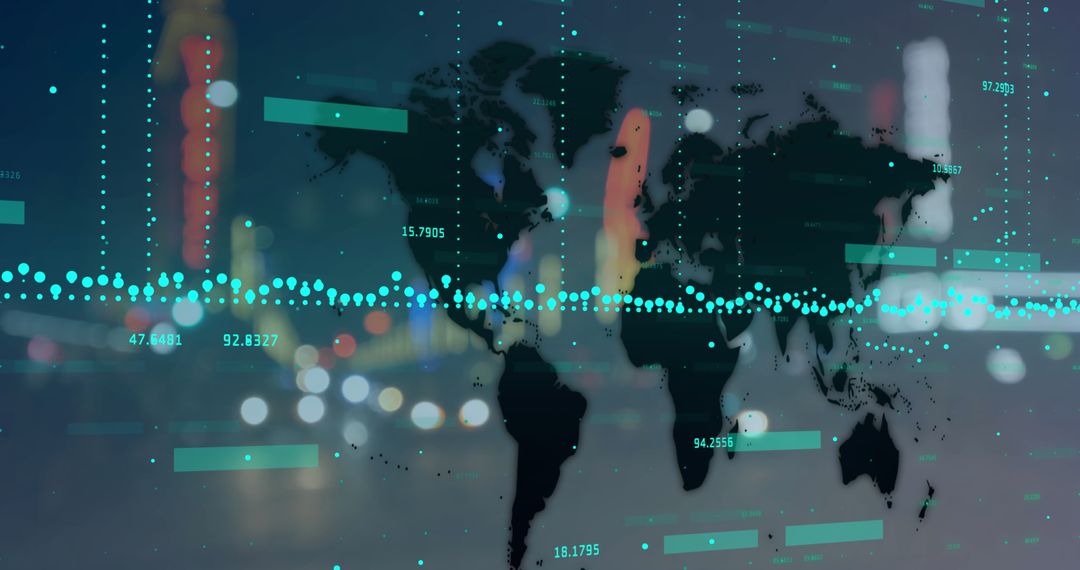 Futuristic World Map with Digital Data Overlay and City Lights