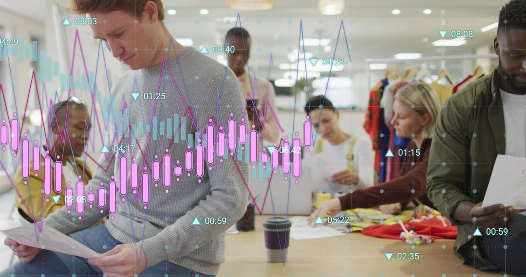Diverse Team Analyzing Reports with Data Overlay