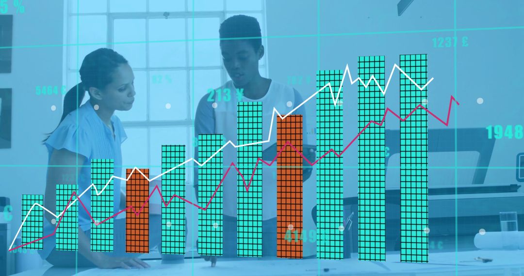 Colleagues Analyzing Financial Data with Digital Interface Overlay