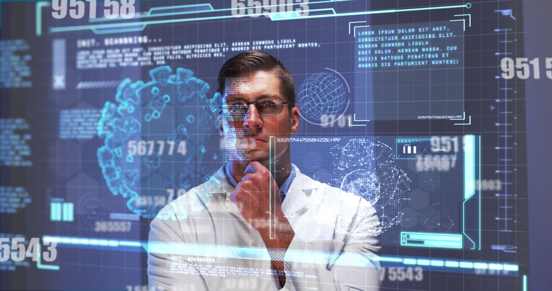 Caucasian Doctor Analyzing COVID-19 Data and Digital Interface