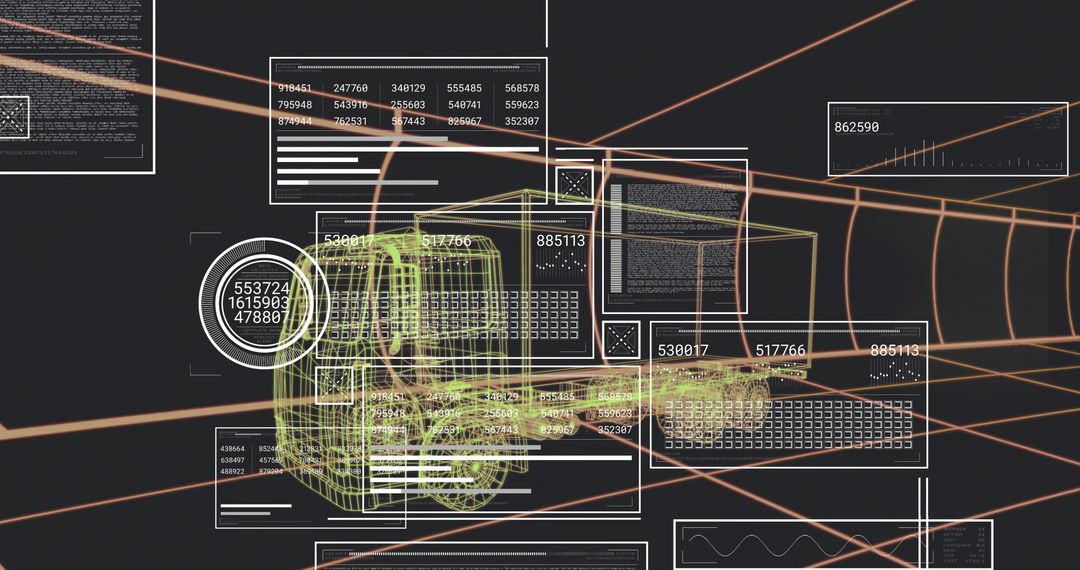 3D Wireframe Forklift with Futuristic Interface Panels and Beams