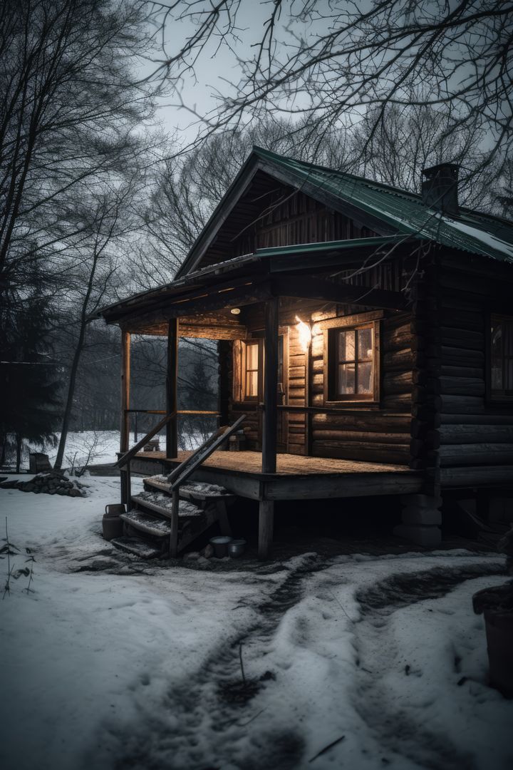 Rustic Wooden Cabin in Winter Forest at Twilight - Free Images, Stock Photos and Pictures on Pikwizard.com