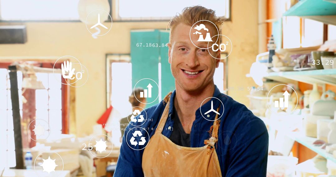 Artisan in Pottery Studio with Environmental Icons Overlaying