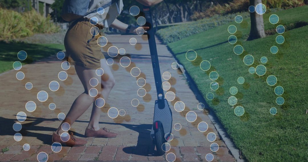 Active Woman Scooting in Park on Sunny Day with Overlay Effect