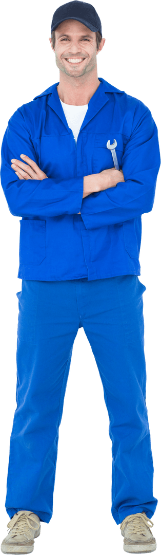 Smiling Mechanic in Blue Coveralls with Crossed Arms on Transparent Background