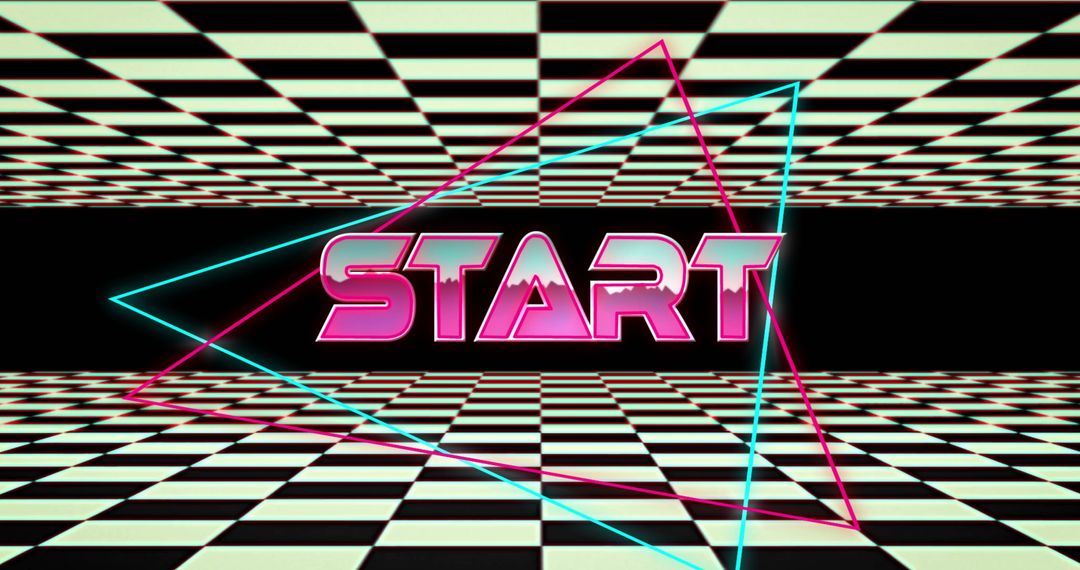 Retro Futuristic Start Button with Neon Grid