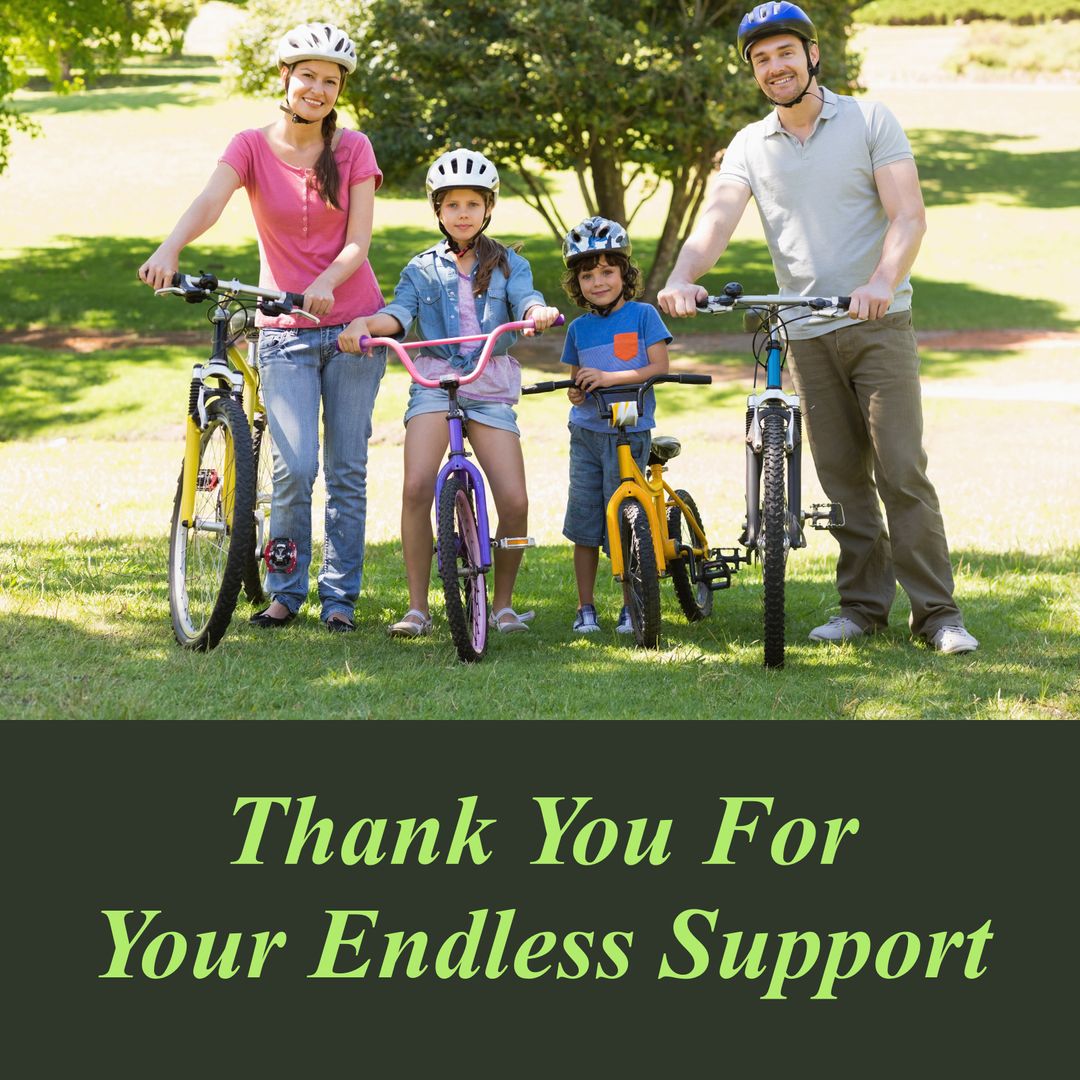 Happy Family Cycling Together in Park with Thank You Message