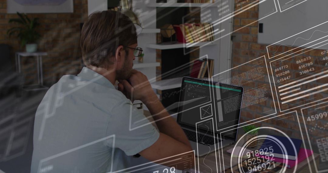 Man analyzing data dashboard on laptop in modern brick office with HUD analytics overlays