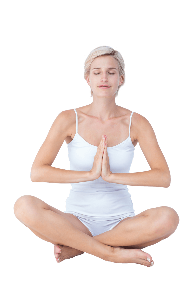 Transparent Yoga Pose with Relaxed Meditative Woman in White