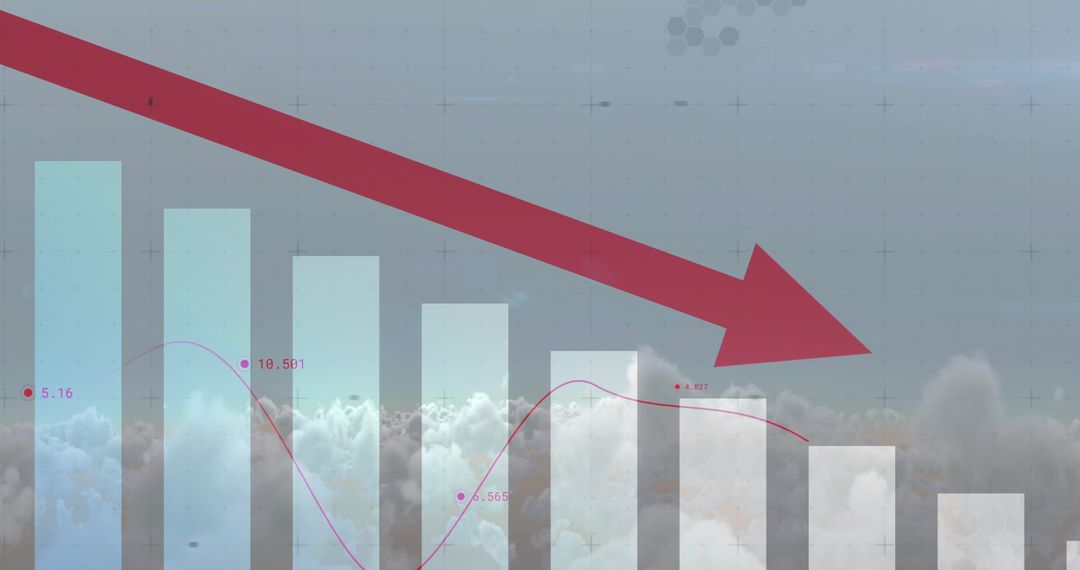 Red Downward Arrow with Bar Chart Over Cloudy Sky Background