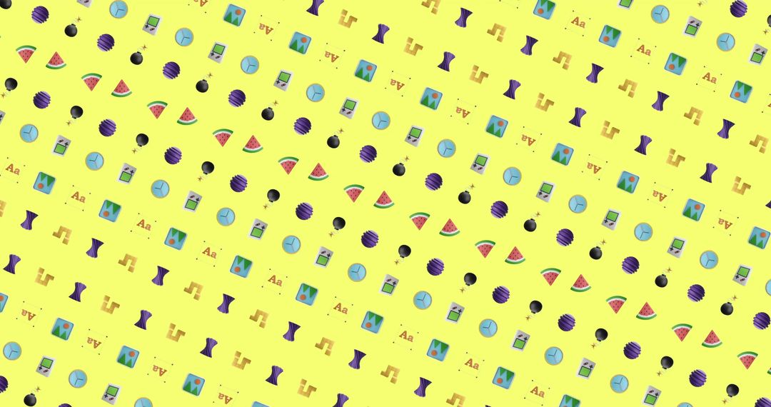 Retro 80s Vibrant Music Notes and Fruits Pattern on Yellow