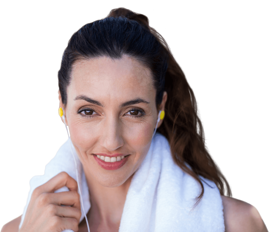 Transparent Workout Woman with Earbuds and Towel Smiling After Exercise