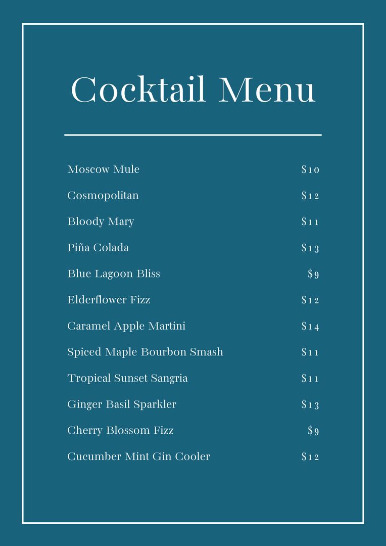 Elegant Cocktail Menu on Blue Background - Download Free Stock Templates Pikwizard.com