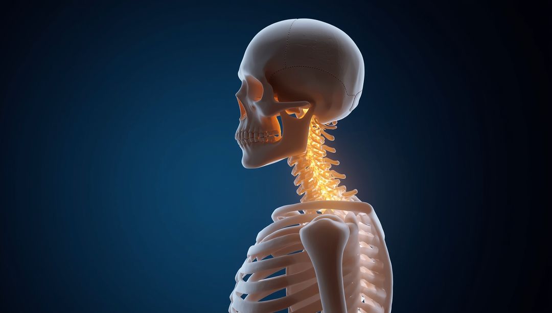 3D Anatomical Illustration of Skull and Spine with Glowing Vertebrae