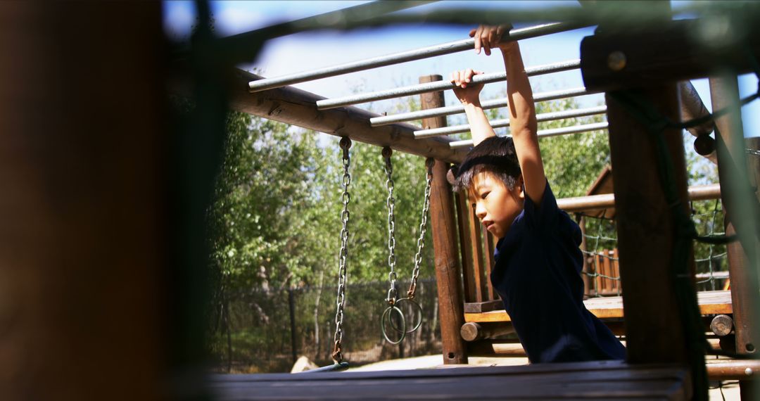 Child Hanging on Monkey Bars in Outdoor Playground - Free Images, Stock Photos and Pictures on Pikwizard.com