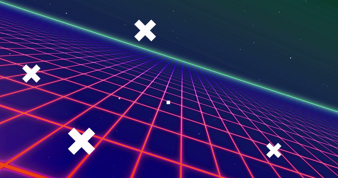 Retro Futuristic Grid with White Crosses on Starry Sky