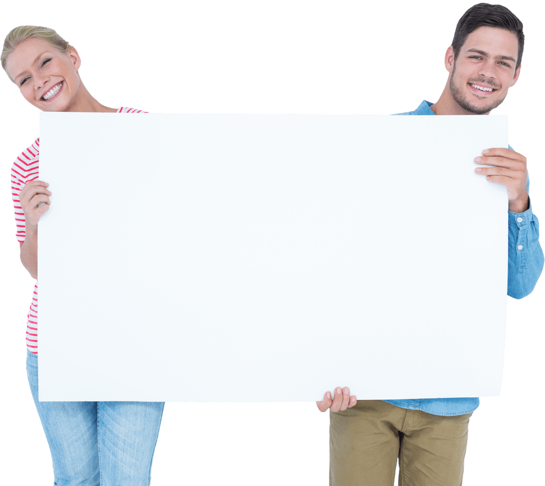 Cheerful Couple Holding White Transparent Sign Board