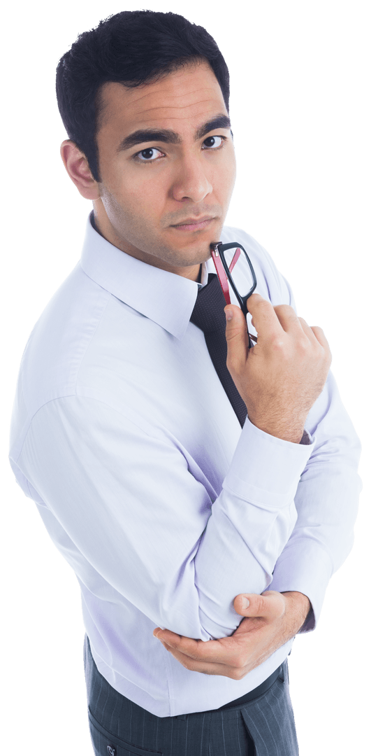 Serious Biracial Businessman Holding Glasses on Transparent Background