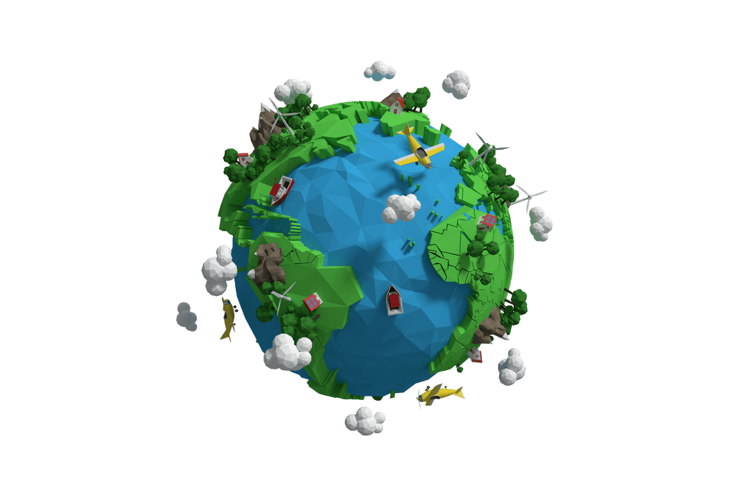 Colorful Earth with Planes and Clouds on Transparent Background