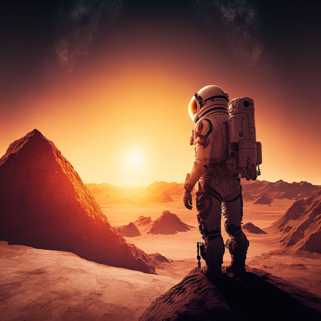 Astronaut exploring planet mars with sun and mountains, created using generative ai technology - Free Images, Stock Photos and Pictures on Pikwizard.com