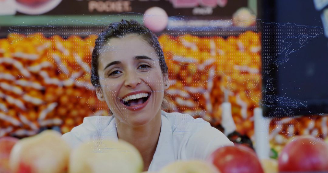 Smiling Woman at Fruit Market with Digital Innovation Overlay