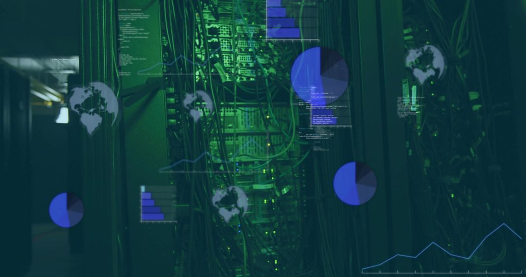Central Server Rack with Dense Cabling and Network Overlays Visualizing Data Flow