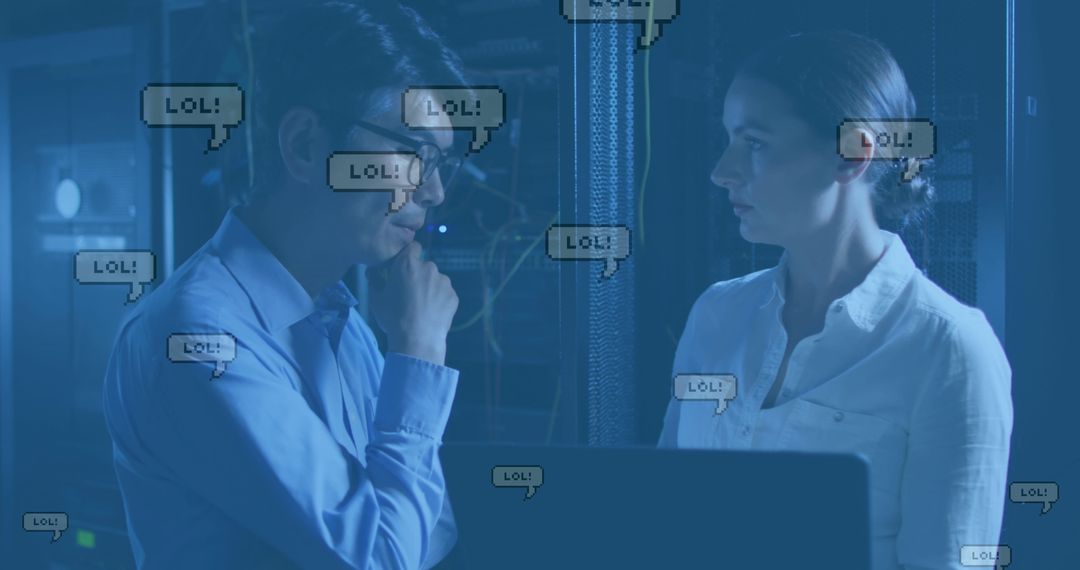 Diverse IT Team Overseeing Server Room Amid Digital Humor