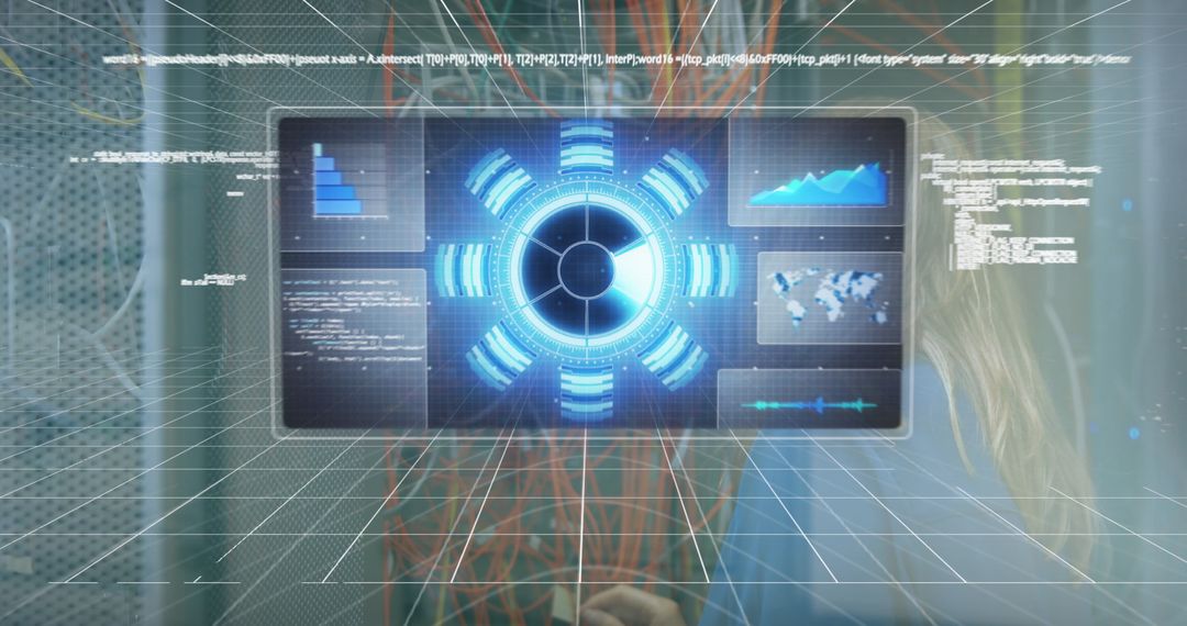 Data Processing Circle Overlay on Woman Checking Servers