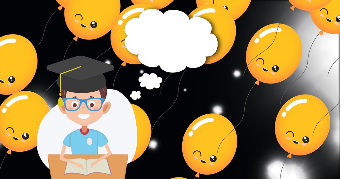 Schoolboy Reading with Speech Bubble and Fun Balloons