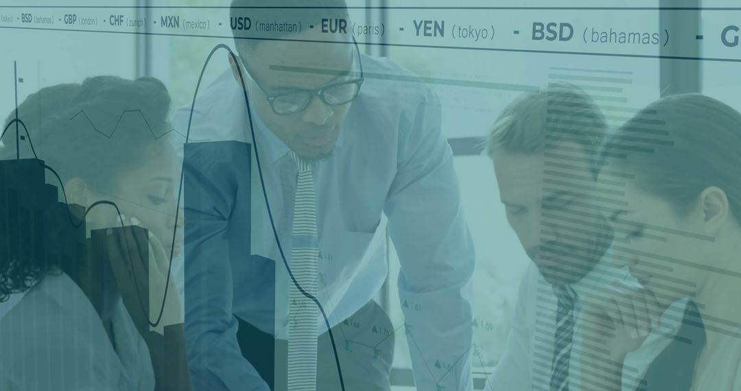 Team Analyzing Data with Overlay of Currency Charts in Office