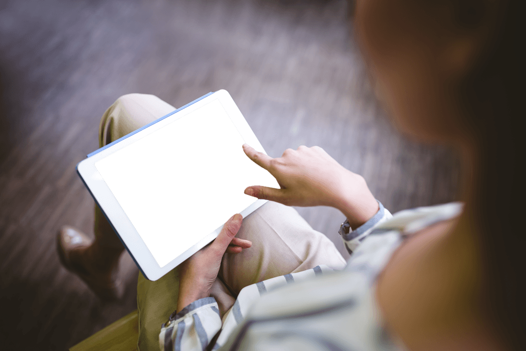 Woman Browsing on Transparent Screen Digital Tablet at Modern Office
