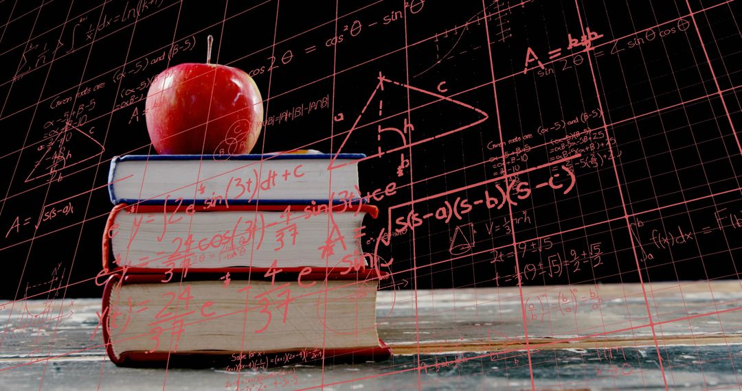 Educational Learning Concept Stack of Books with Apple and Math Formulas
