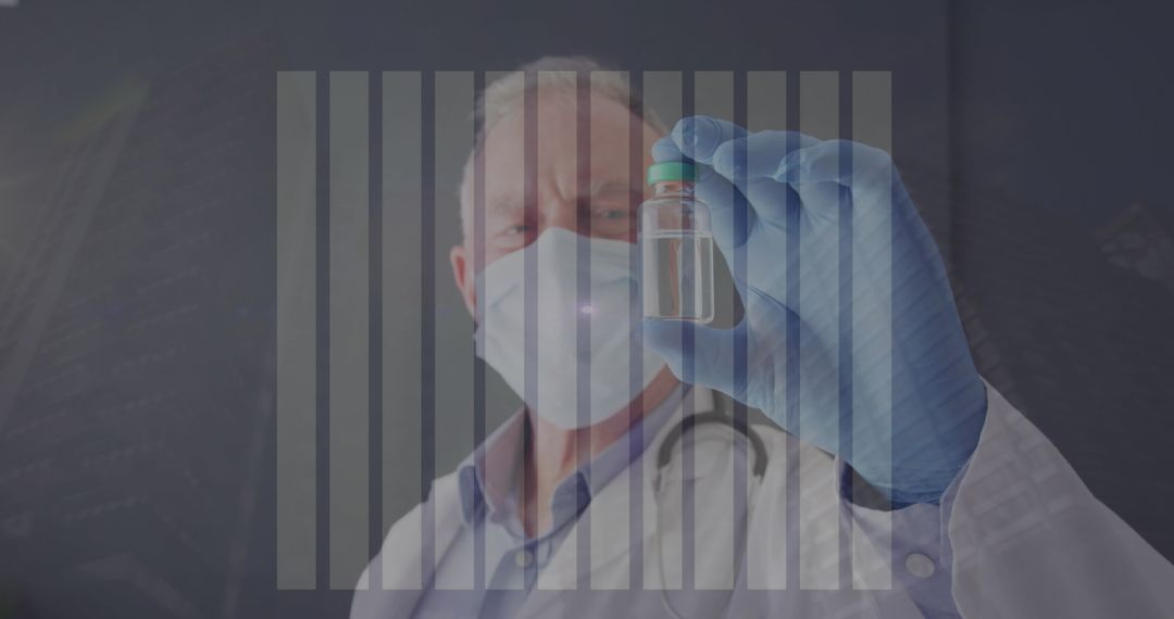 Scientist Examining Vaccine Vial with Barcode Overlay