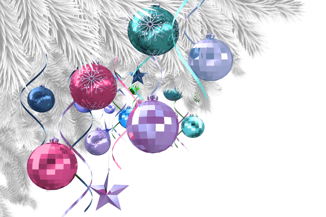 Transparent Christmas Ornaments Hanging from Pine Branch