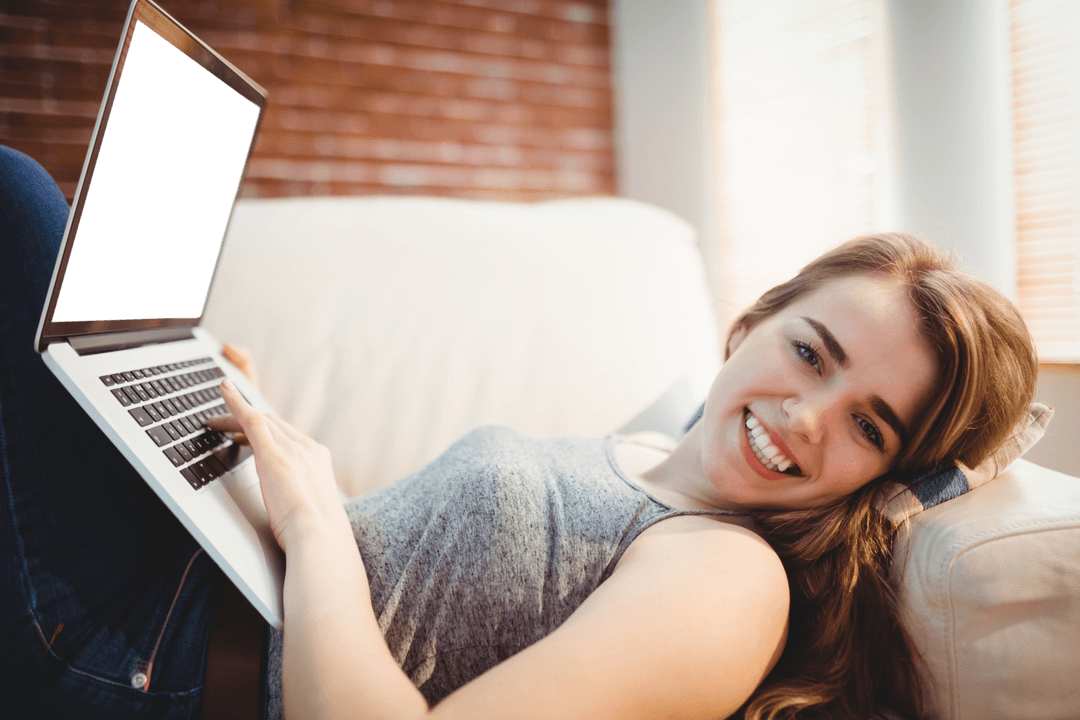 Smiling Woman Relaxing with Laptop Having Transparent Screen