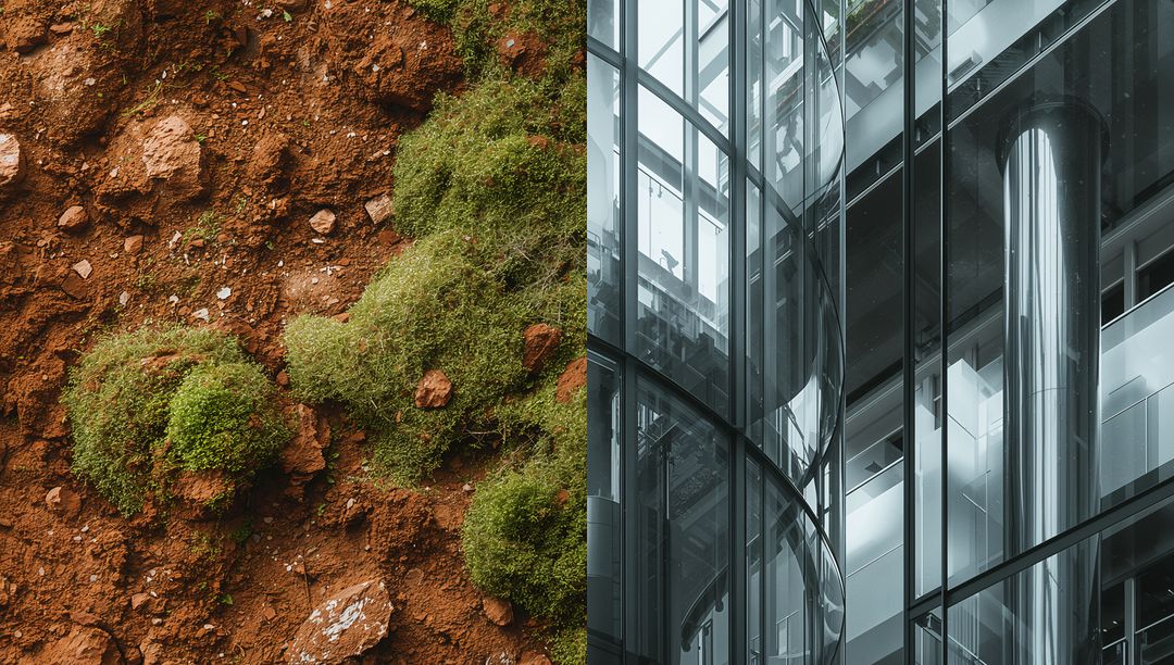 Contrasting Moss-Covered Soil with Sleek Glass Atrium Split-Frame Juxtaposition Nature vs Tech