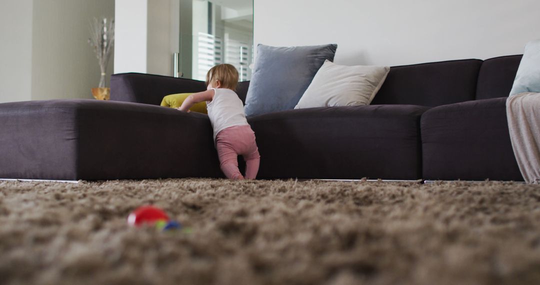 Toddler Exploring Comfortable Living Room on Soft Shag Rug - Free Images, Stock Photos and Pictures on Pikwizard.com