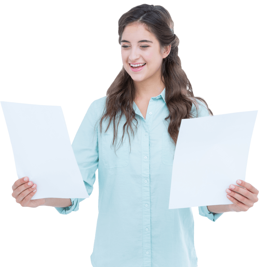 Smiling Woman Holding Documents Transparent Background for Business