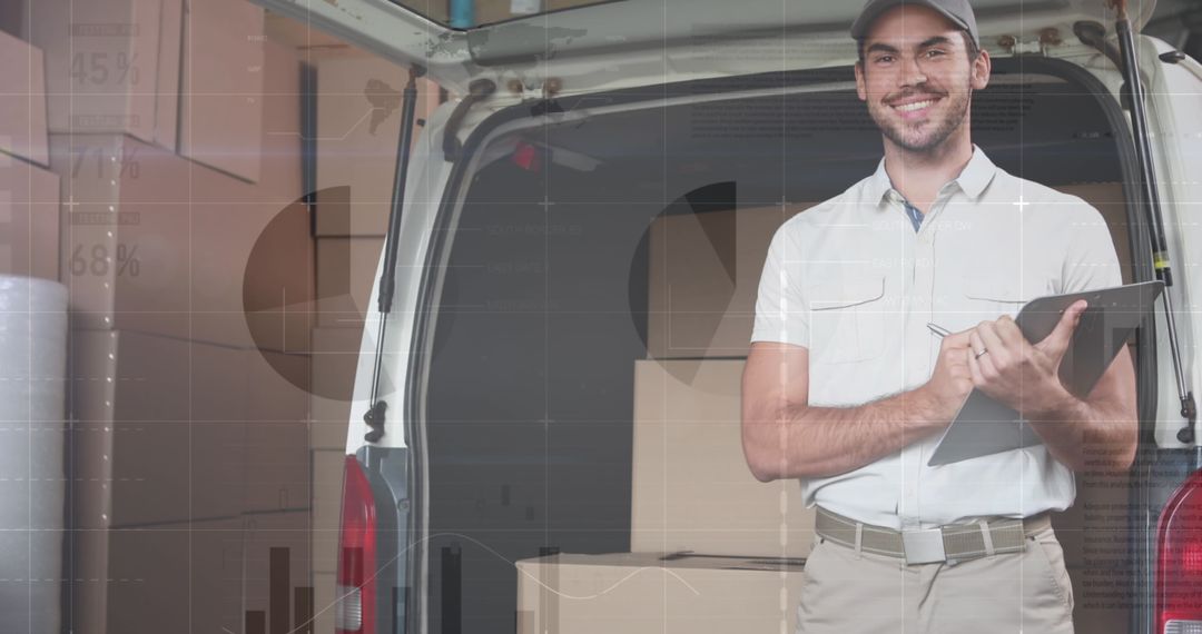 Delivery Worker Smiling in Front of Van with Statistical Overlay