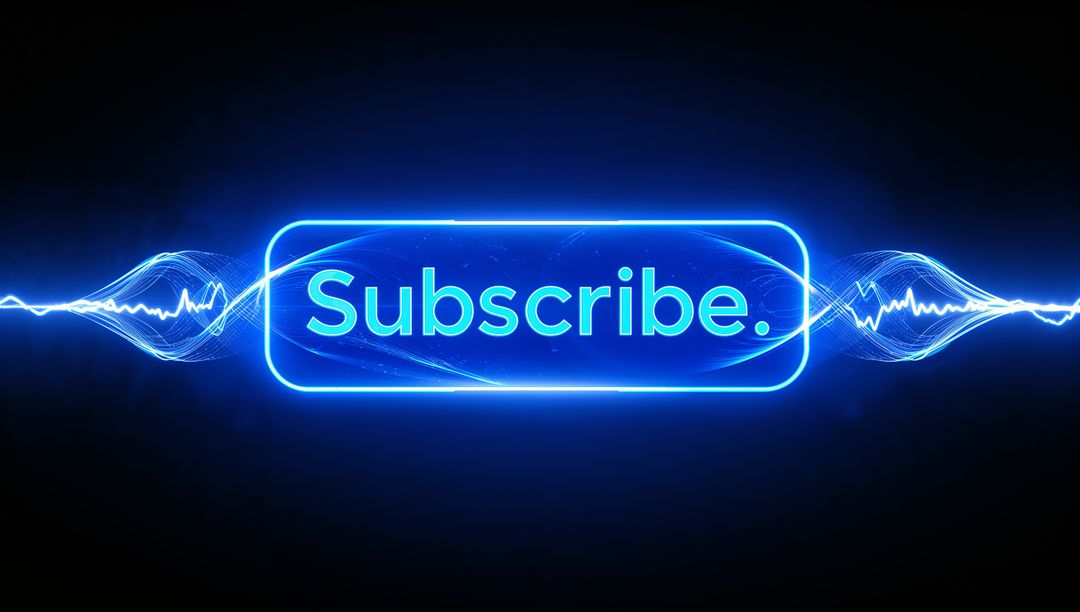 Neon Subscribe Button Pulsing Cyan-Blue with Audio Waveform and Futuristic Glow