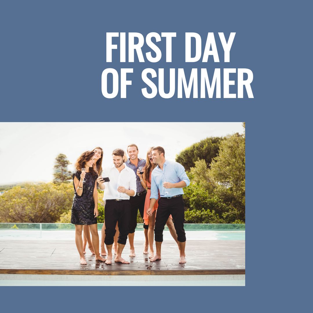 Joyful Friends Celebrating First Day of Summer by Swimming Pool