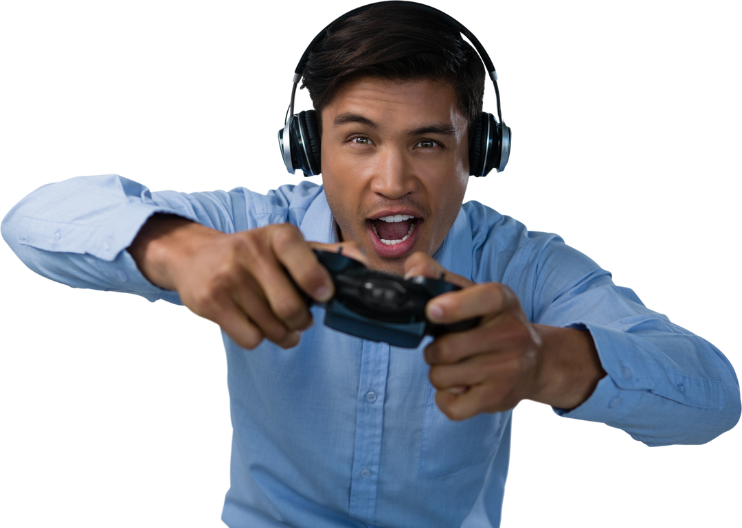 Transparent Excited Businessman Playing Video Games Wearing Headphones - Download Free Stock Images Pikwizard.com