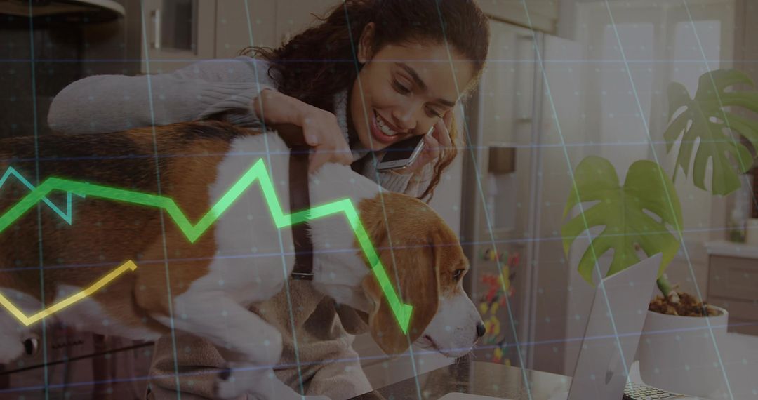 Multitasking Woman Managing Stock Analysis with Beagle Companion