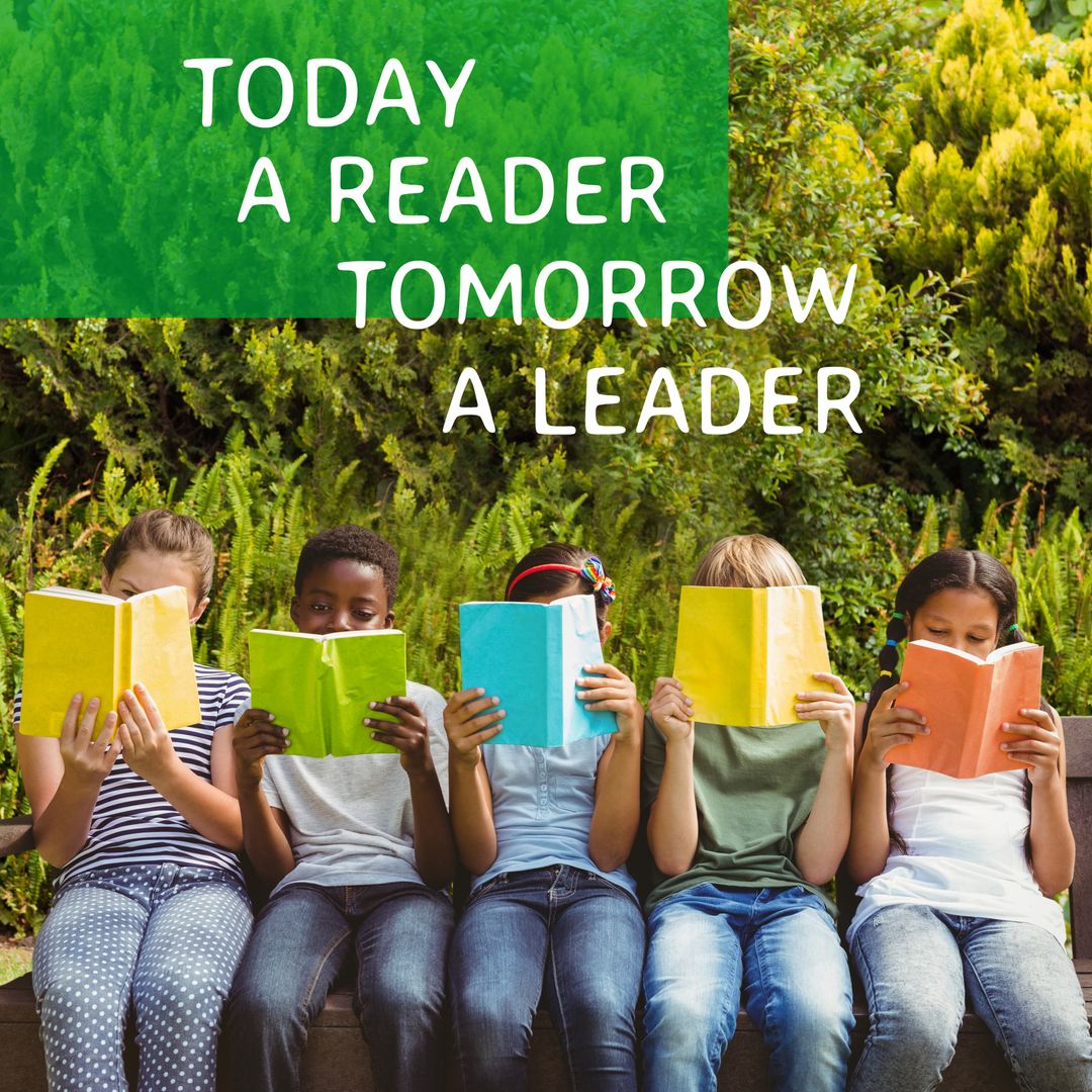 Diverse Children Reading Books Together Outdoors Promoting Literacy