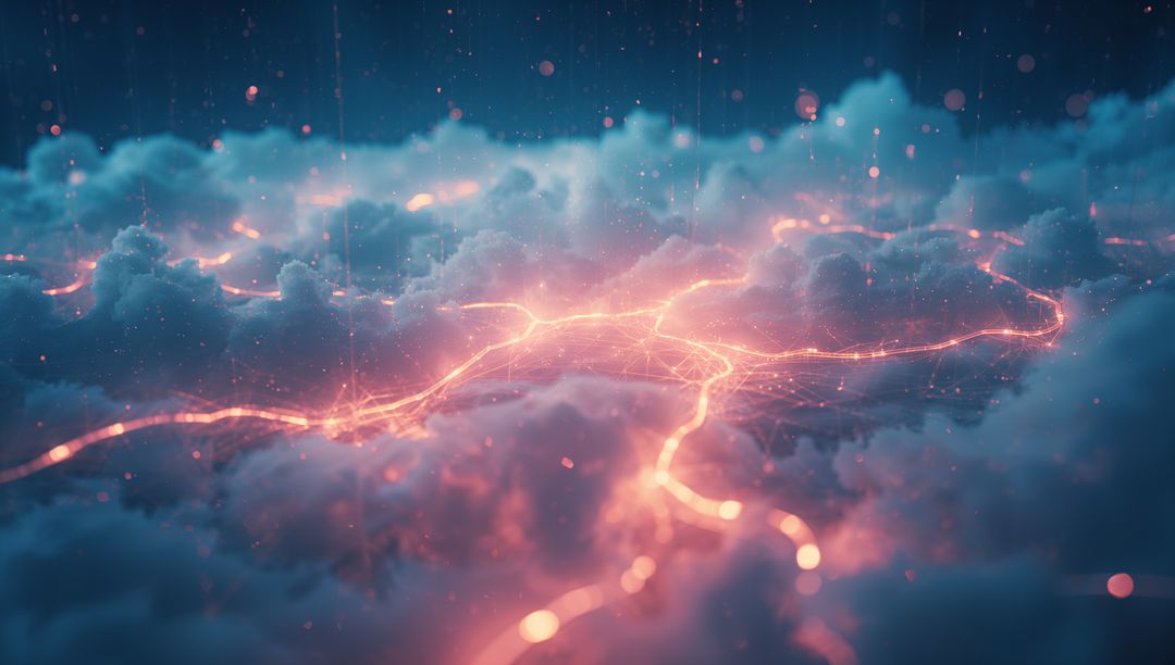 Futuristic Neon Network Lines Intertwined with Clouds