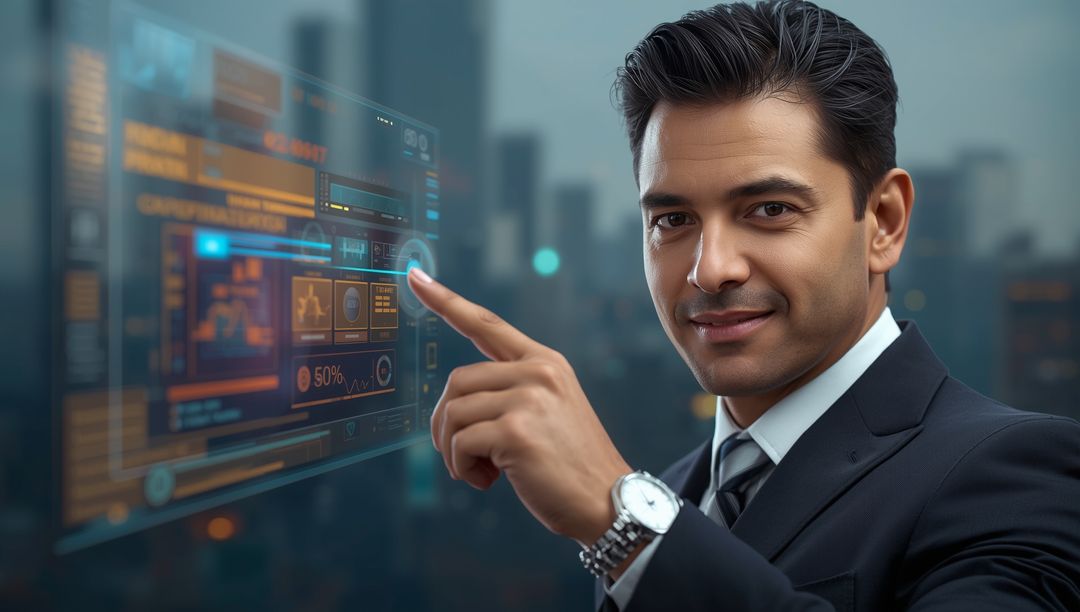 Businessman Interacting with Futuristic Holographic Display
