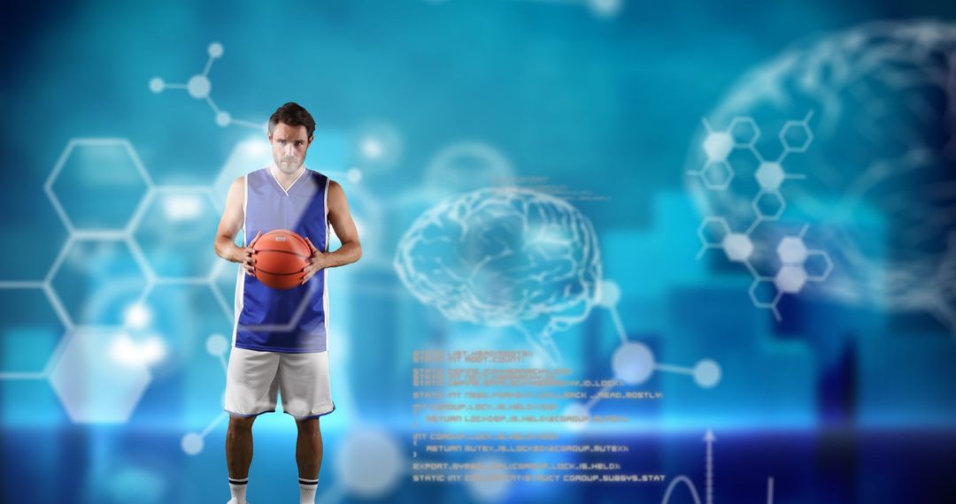 Basketball Player Holding Ball with Digital Brain Graphics